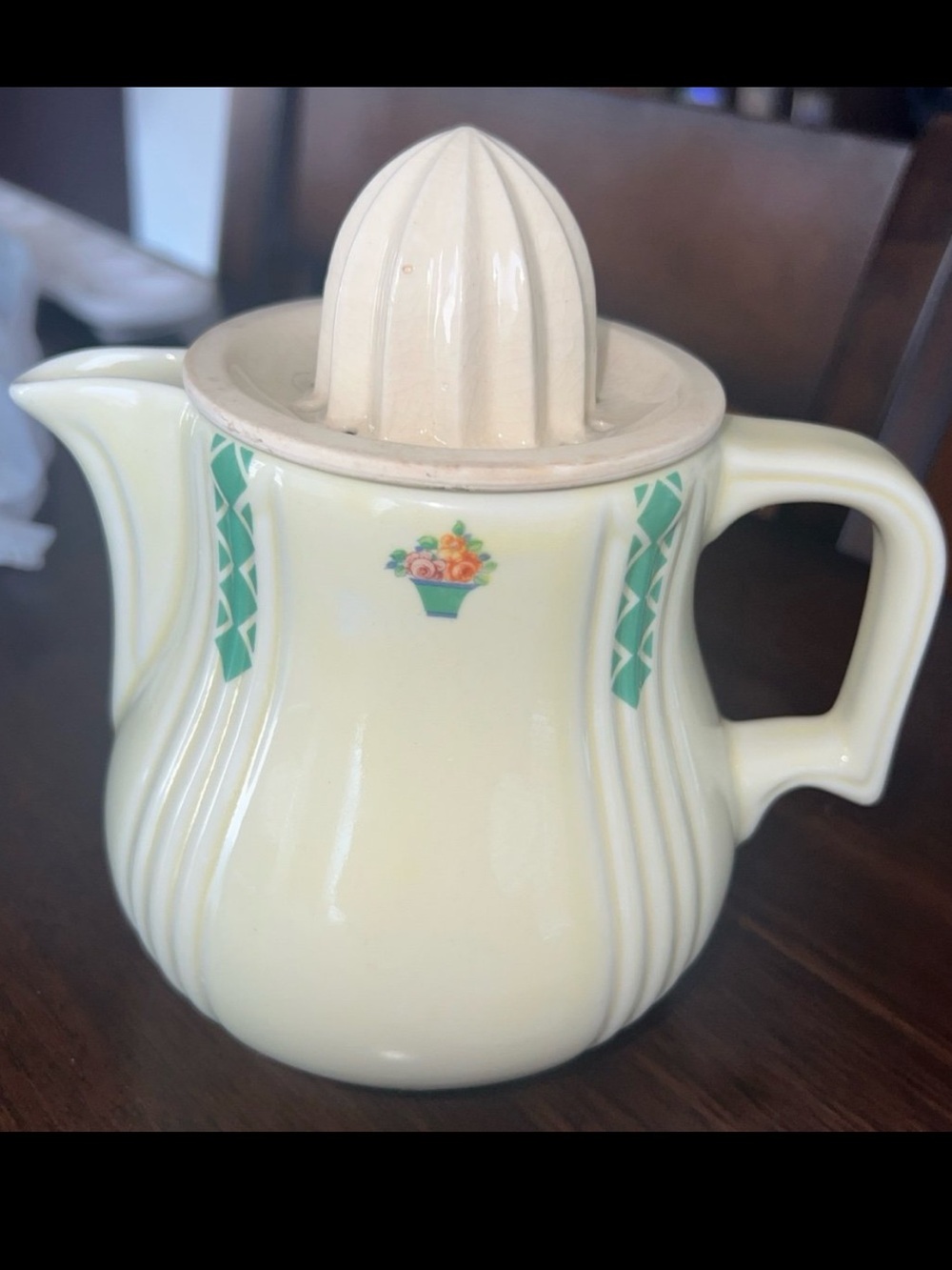 VNTG (1950’S) CERAMIC CITRUS REAMER & JUICE PITCHER SET FROM HALL’S SUPERIOR